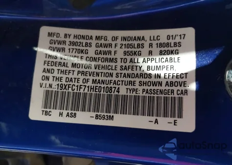 2017 Honda Civic Ex-L from USA, damaged, VIN 19XFC1F71HE010874